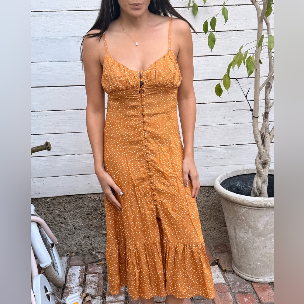 Elegant Mustard Polka Dot Midi Dress